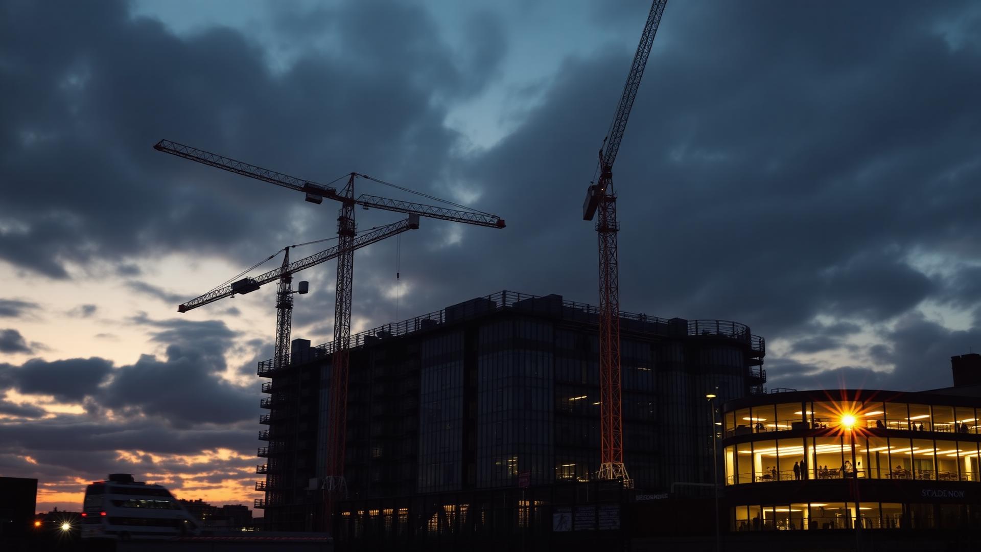 London construction site at dusk